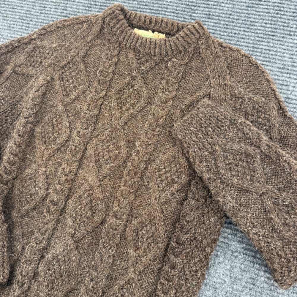 Vintage An Irish Traditional Hand Knit Aran Cable Sweater Pure Wool Brown Small